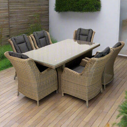 ADDA | 6 Seater Poly Rattan Wicker Outdoor Dining Set | Natural Brown