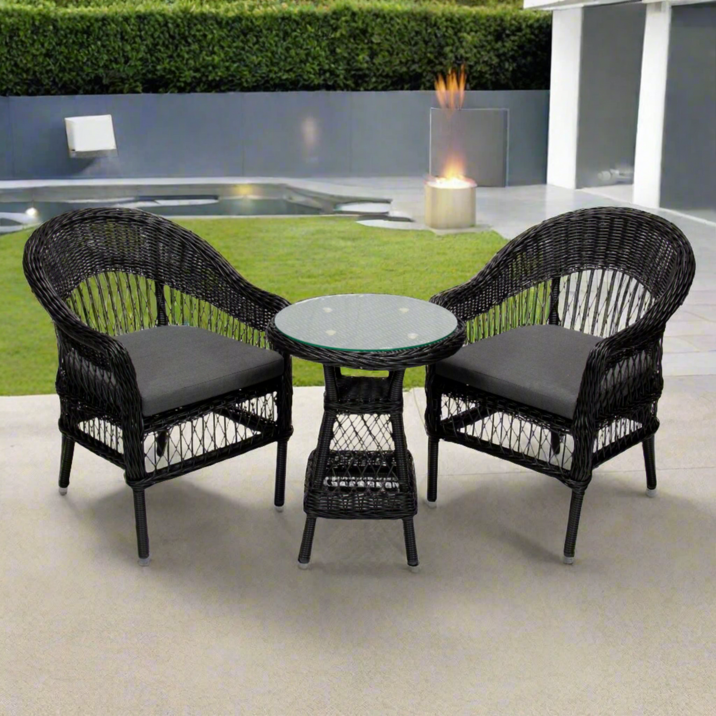 ARBUSTO | 2 Seater Poly Rattan Wicker Outdoor Balcony Set | Black