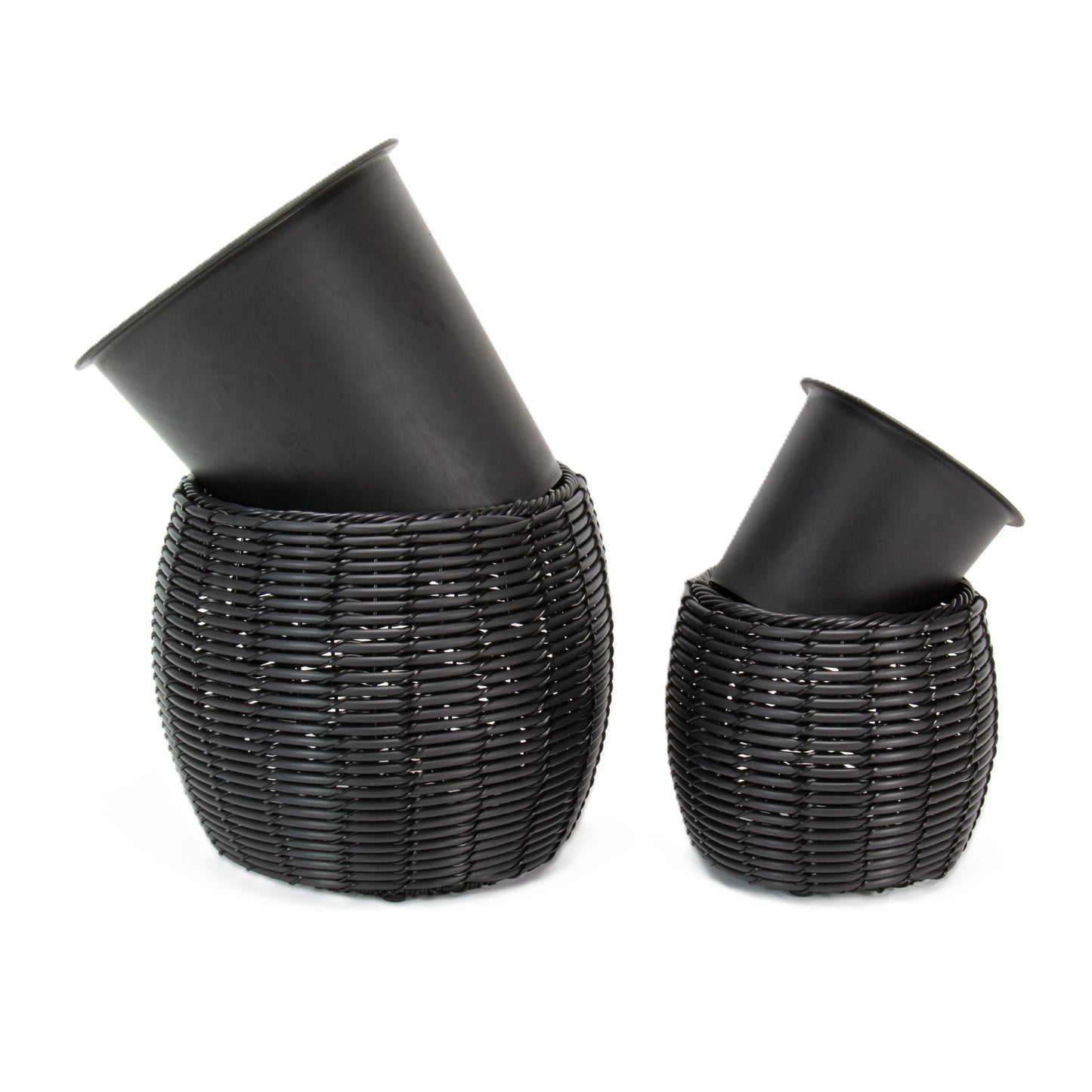 KULOS 2 Piece Set Poly Rattan Wicker Planter Pot - Black