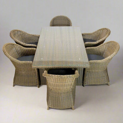 MALAWI | 6 Seater Poly Rattan Wicker Outdoor Dining Set | Natural Brown