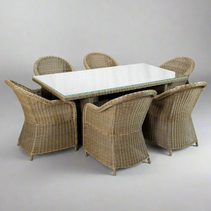 MALAWI | 6 Seater Poly Rattan Wicker Outdoor Dining Set | Natural Brown