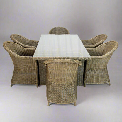 MALAWI | 6 Seater Poly Rattan Wicker Outdoor Dining Set | Natural Brown