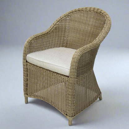 Malawi outdoor wicker hampton poly rattan dining chair natural colour with beige seat cushion