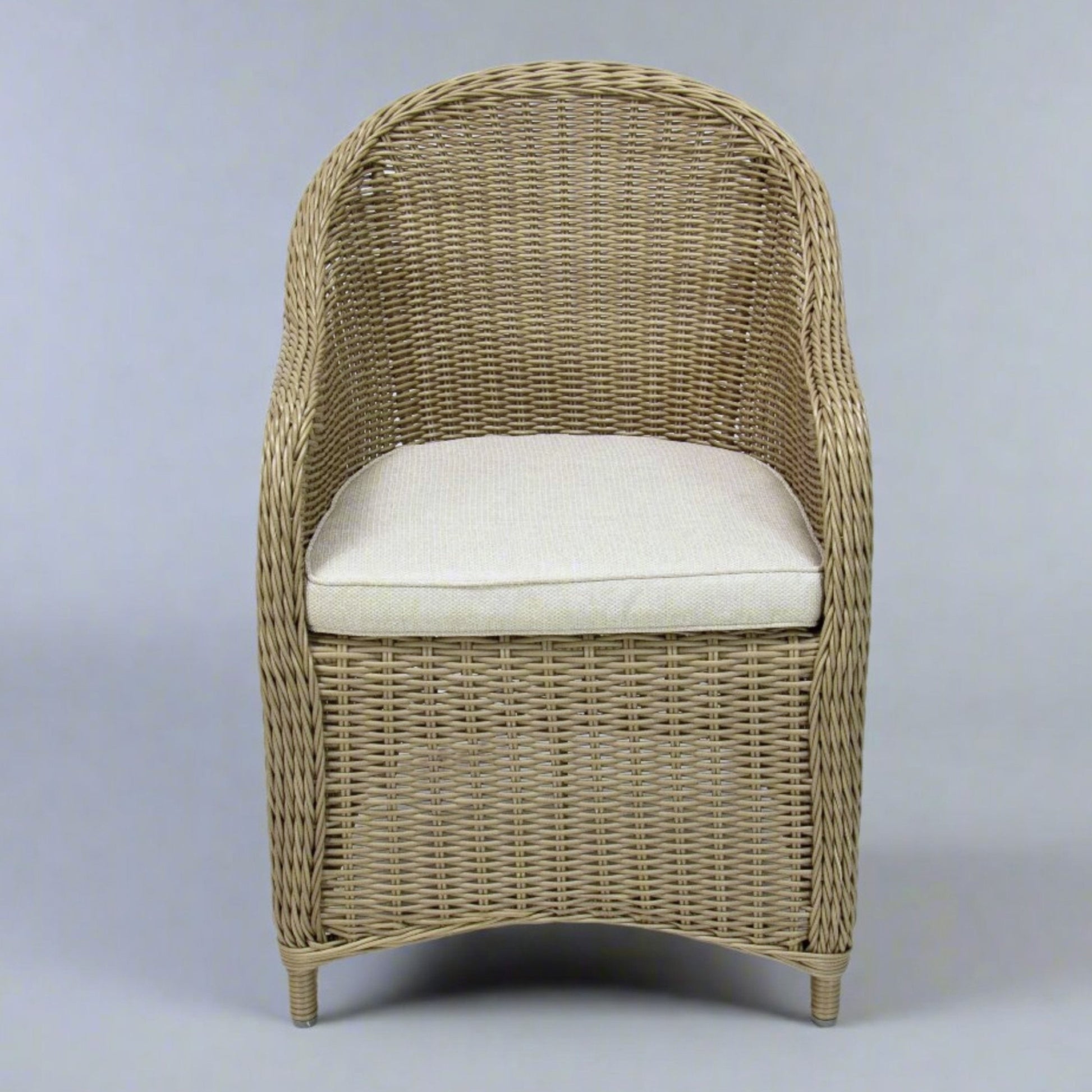 Malawi outdoor wicker hampton poly rattan dining chair natural colour with beige seat cushion