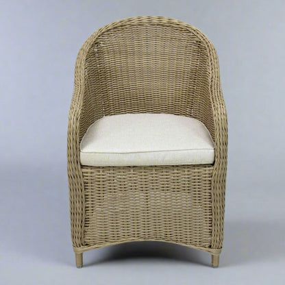 Malawi outdoor wicker hampton poly rattan dining chair natural colour with beige seat cushion