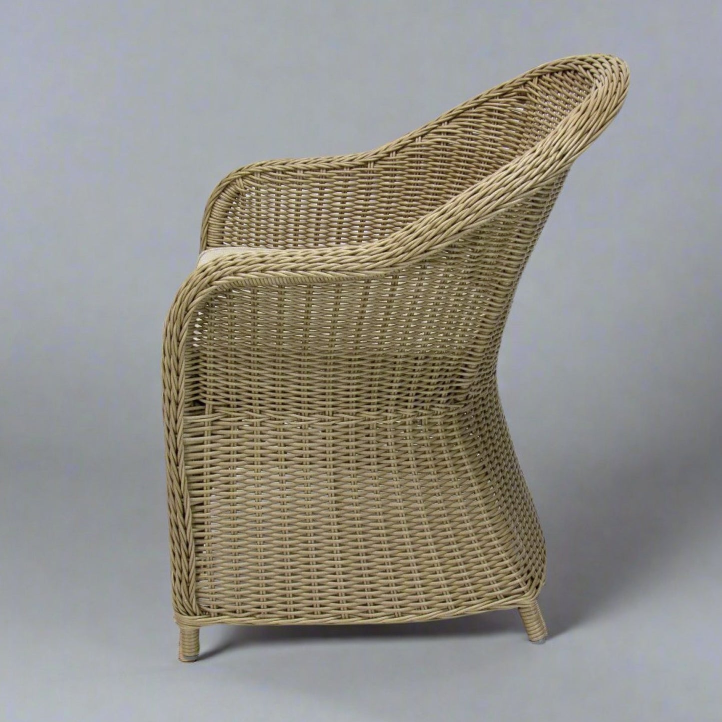 Malawi outdoor wicker hampton poly rattan dining chair natural colour with beige seat cushion