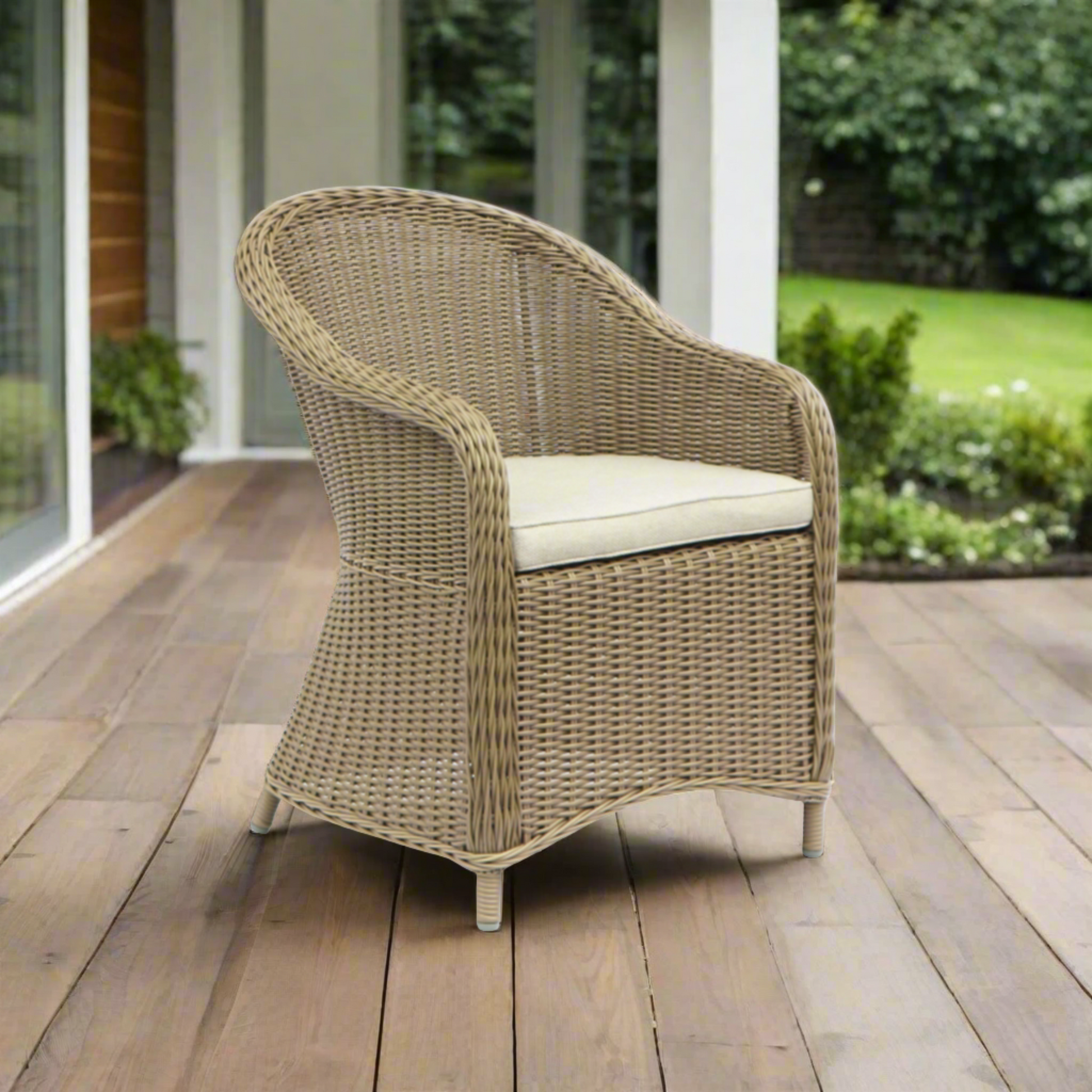 Malawi outdoor wicker hampton poly rattan dining chair natural colour with beige seat cushion