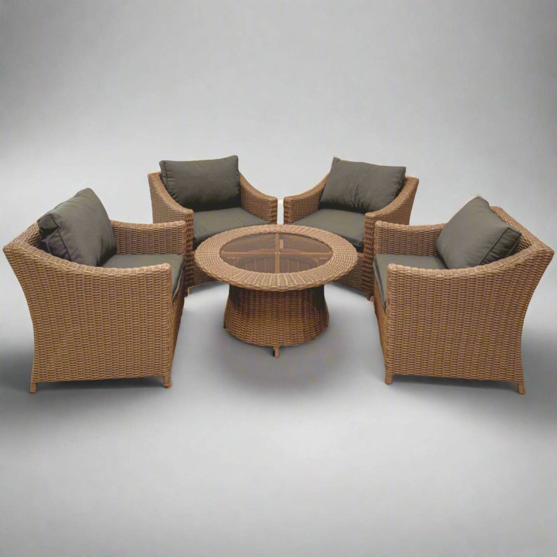 NEMAN 5-Piece Set Poly Rattan Wicker Outdoor Armchairs Coffee Table - Light Brown - 1